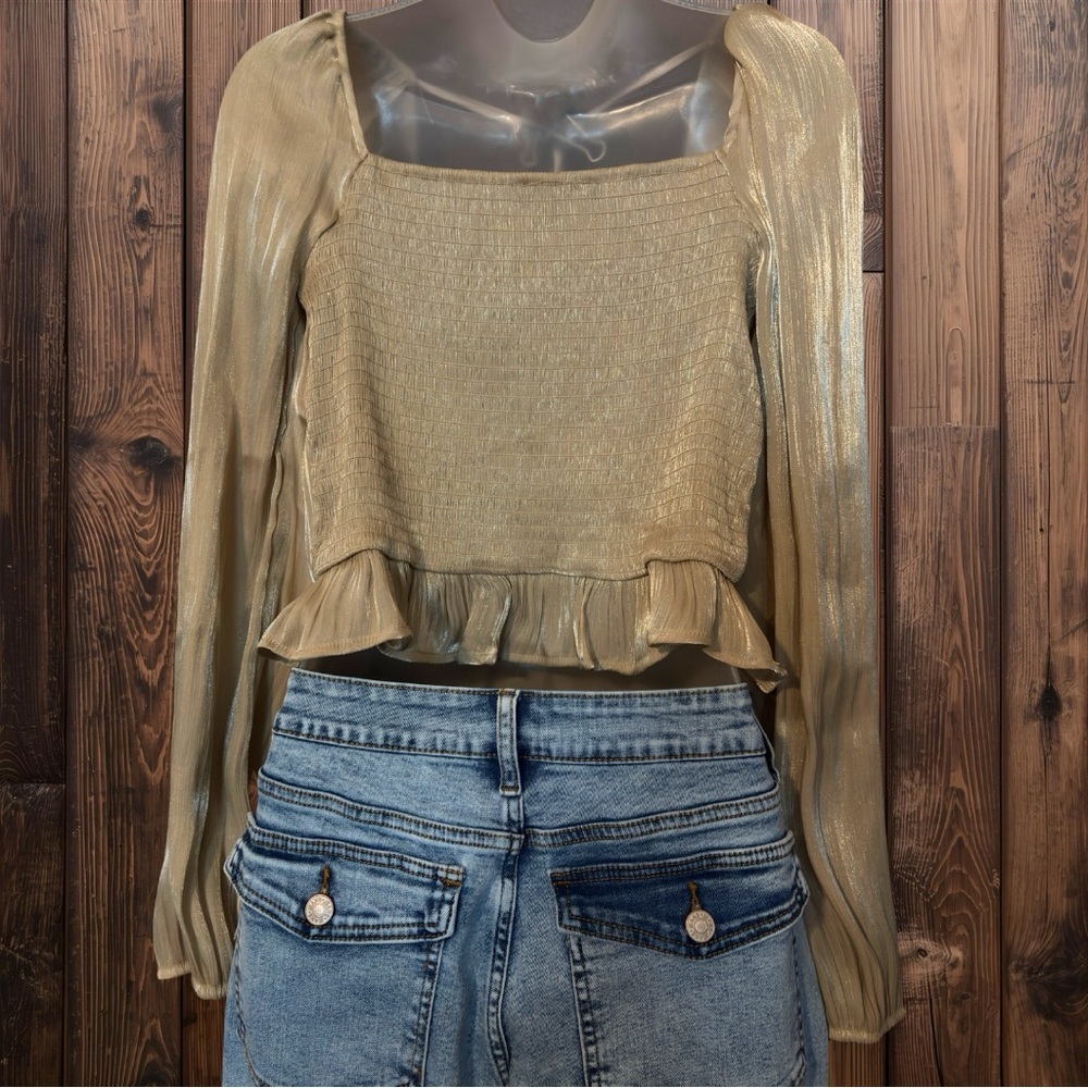 Shimmering Gold Blouse with Black Lace Detail​ - Picture 3 of 6